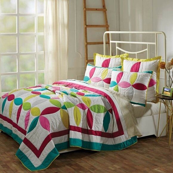 Farmhouse BOHO 100% Cotton KING Quilt Set Rainbow Pinwheel Eclectic Modern - Picture 1 of 3